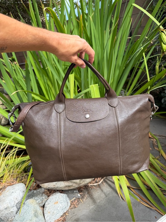 Longchamp Handbags - Longchamp Le Pliage Cuir Large Leather Top Handle Tote Dark Brown Shoulder Strap